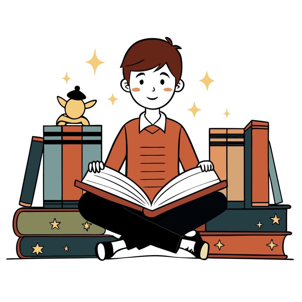 Boy sitting with book in library by the bookshelves with many old books. Fairy tales. Vintage style vector