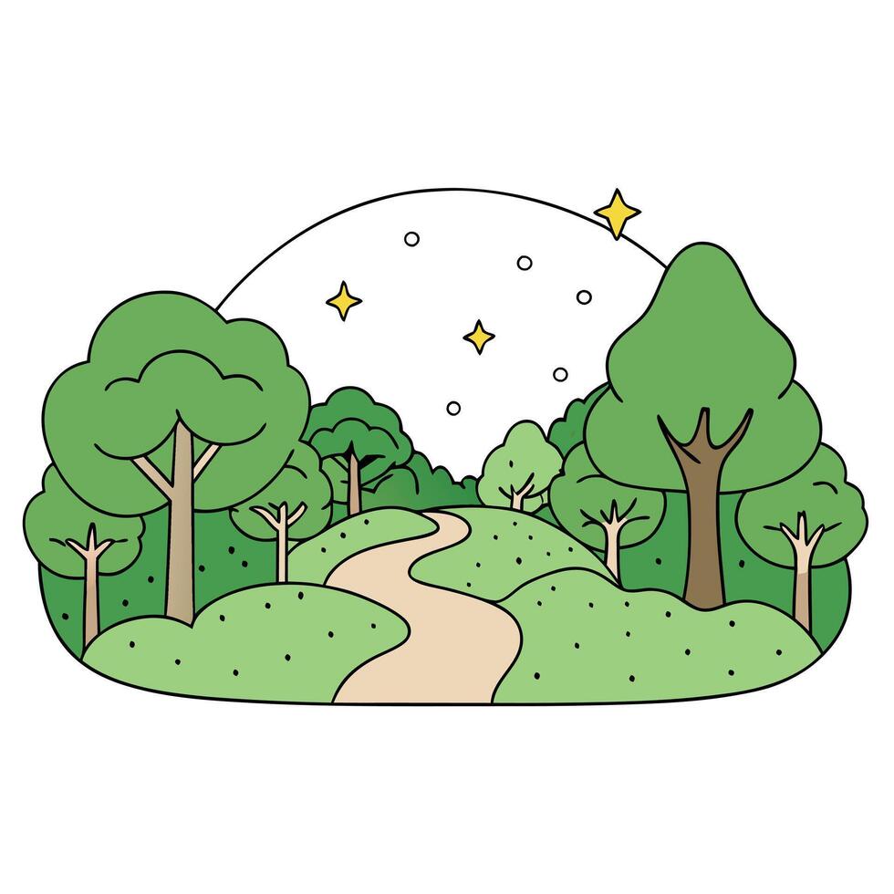 Imaginary forest picture with enchanted sparkles and a hidden route. vector