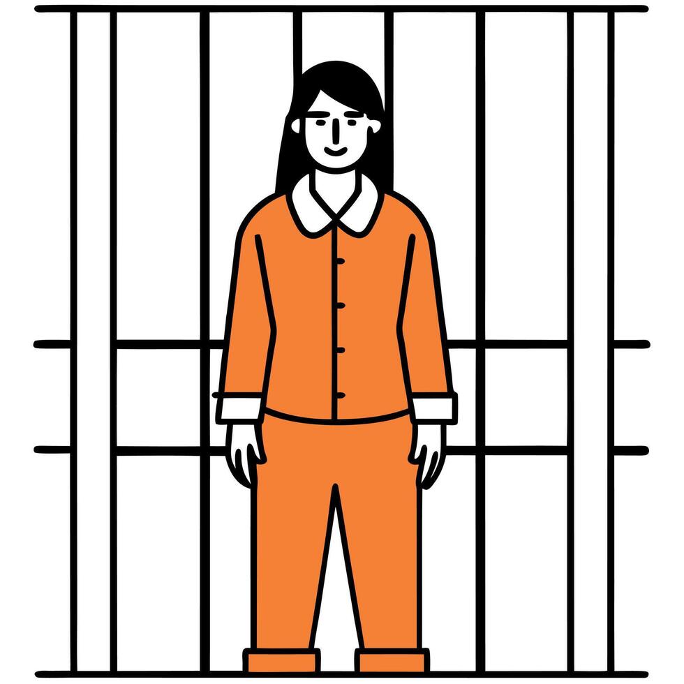 One female prisoner in orange uniform stands behind metal bars vector