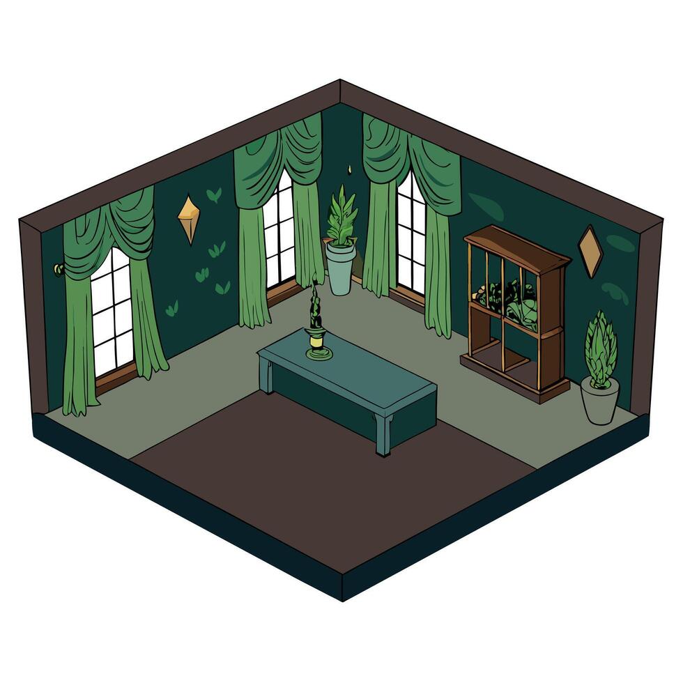 Overgrown mansion room 3d illustration render vector