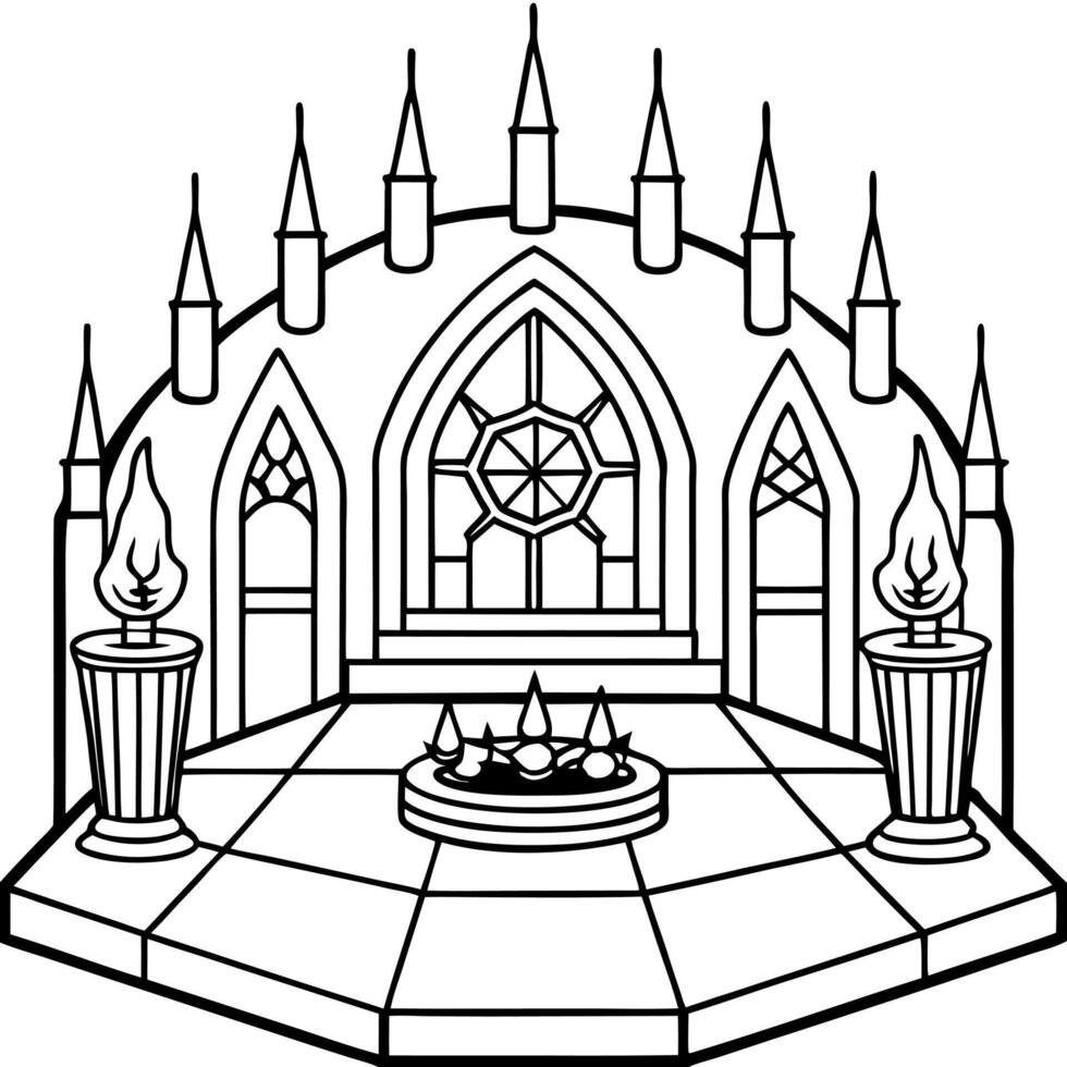 Gothic atmosphere inside of an ancient vampire castle hall for games as a background. Satanic rites and sacrifices lit by candle sticks in the Dracula castle interior. 3D illustration vector