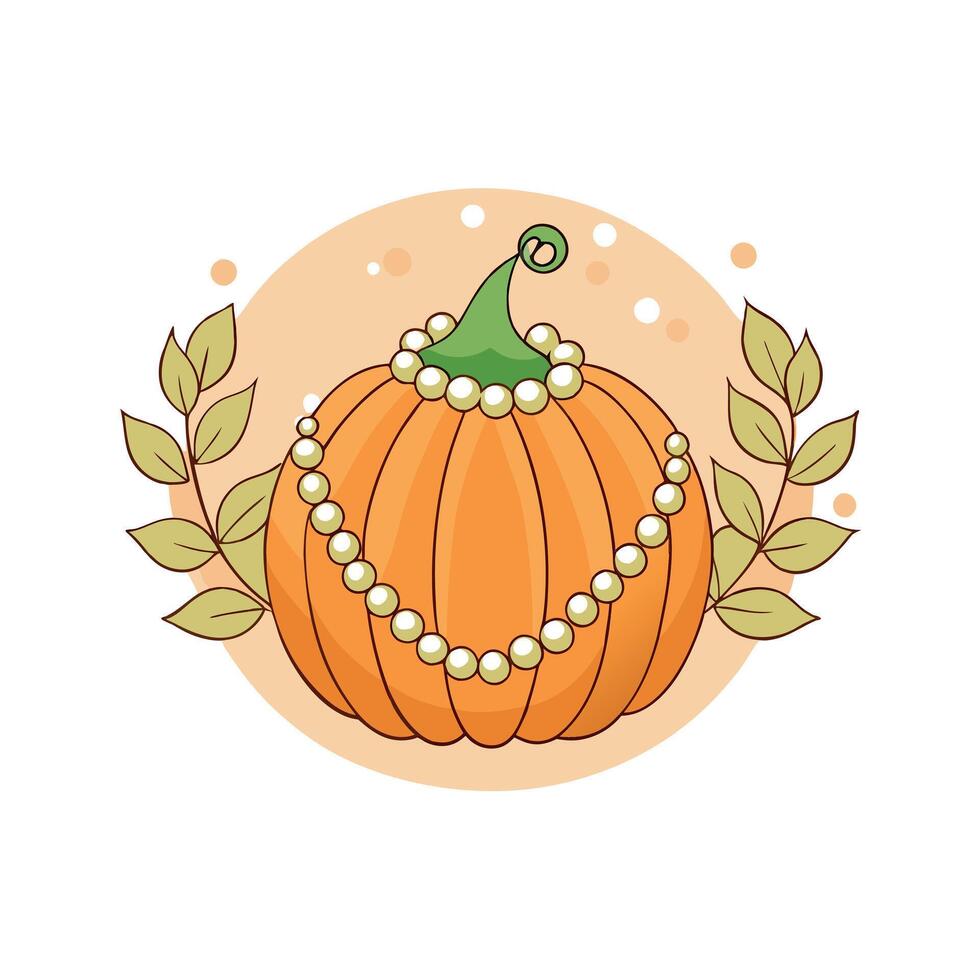 Romantic Autumn Festive Pumpkin with Leaves and Pearls on Pastel Background vector
