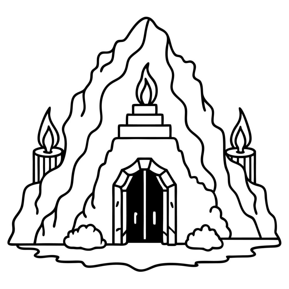 Misty mountain carved cave chamber with mysterious underworld entrance stone gate. dimly lit with torches to the underworld - vector