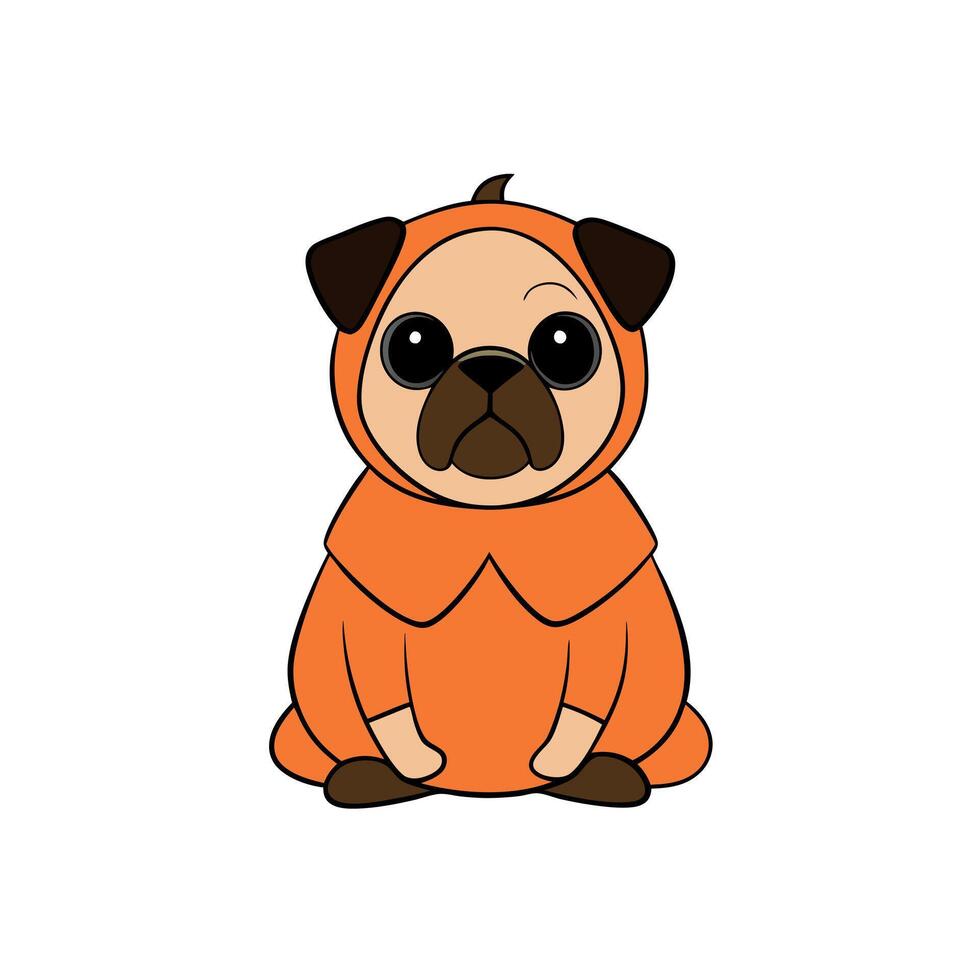 Pug dressed in a jack pumpkin lantern costume sits on a floor vector