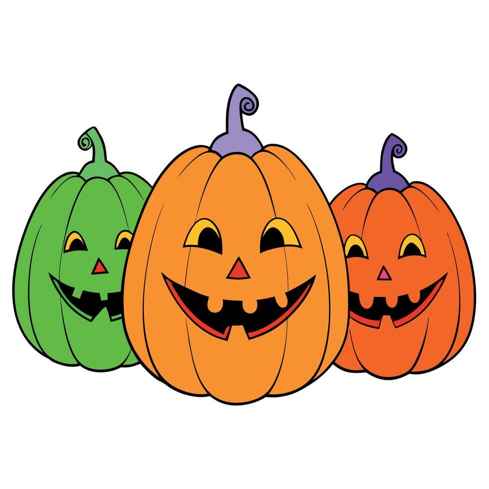 Painted and decorated colorful Halloween pumpkins with faces outside vector