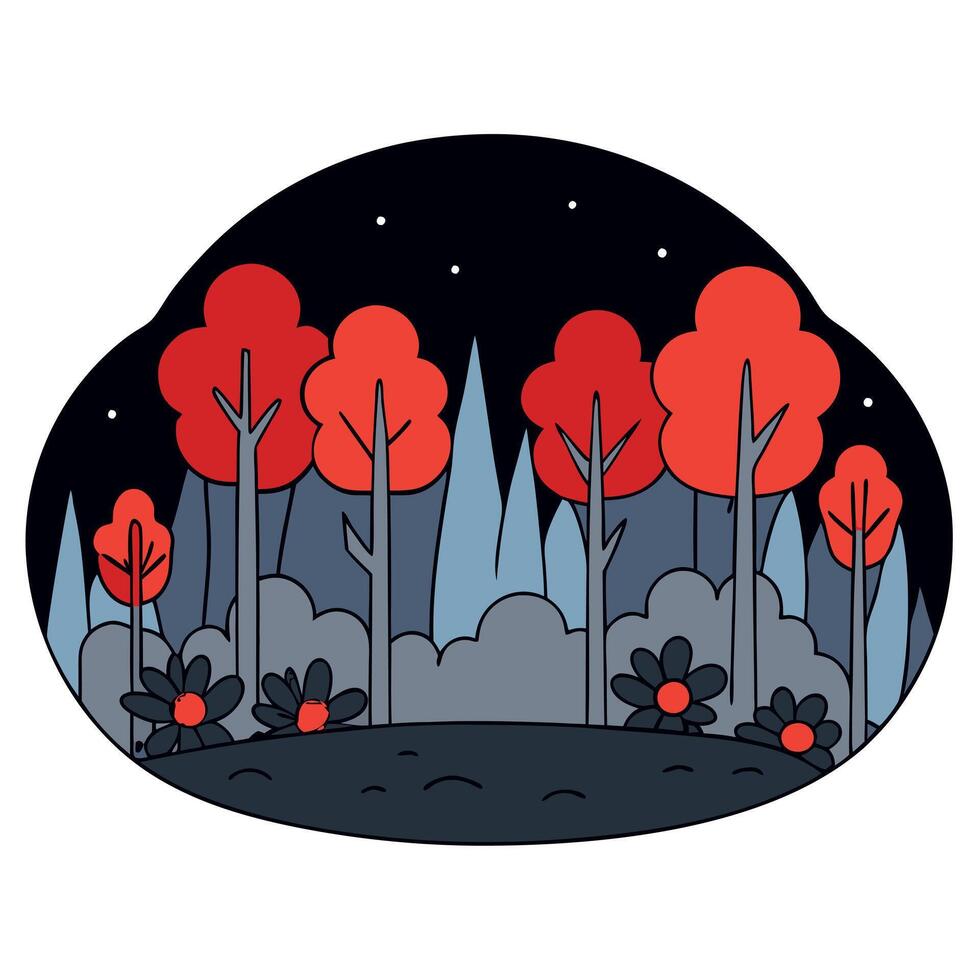 A dark forest filled with red flowers and a foggy sky. vector