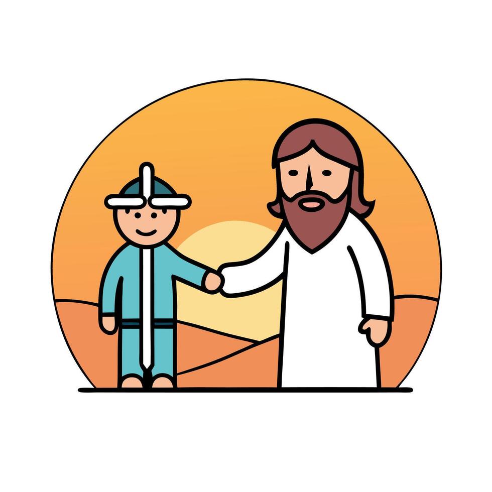 God please forgive me concept. Jesus holding hand of someone for help over blurred the cross and crown of thorn sunset background vector