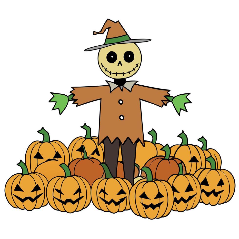 Scary scarecrow in a field full of pumpkins. Halloween concept vector