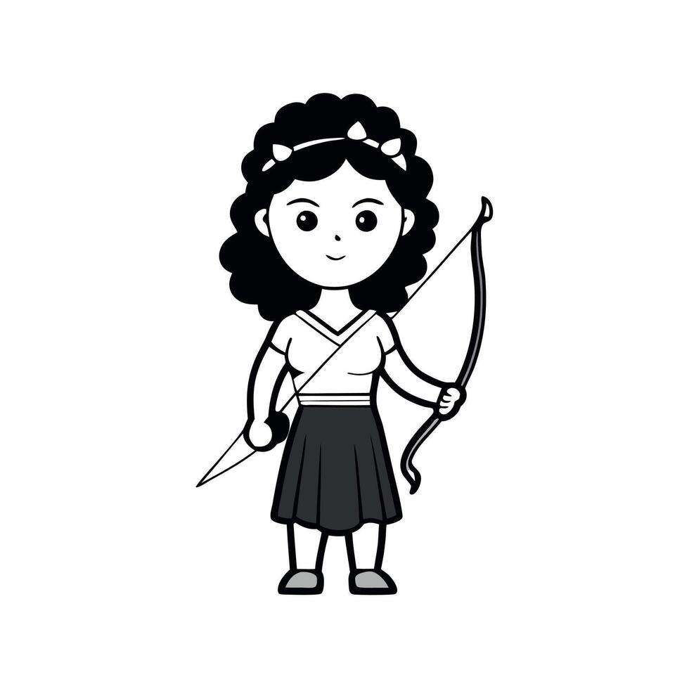 Greek goddess of hunt Artemis illustration black and white illustration of goddess Artemis no fill. Roman goddess Diana with bow. Greek deity. Roman deity vector