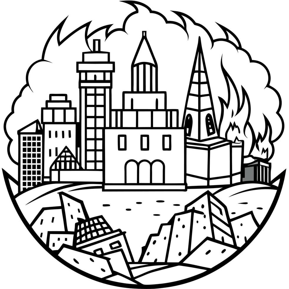 Detailed destruction of fictitious city with debris and collapsing structures. Concept of war. natural disasters. judgment day. fire. nuclear accident or terrorism. vector