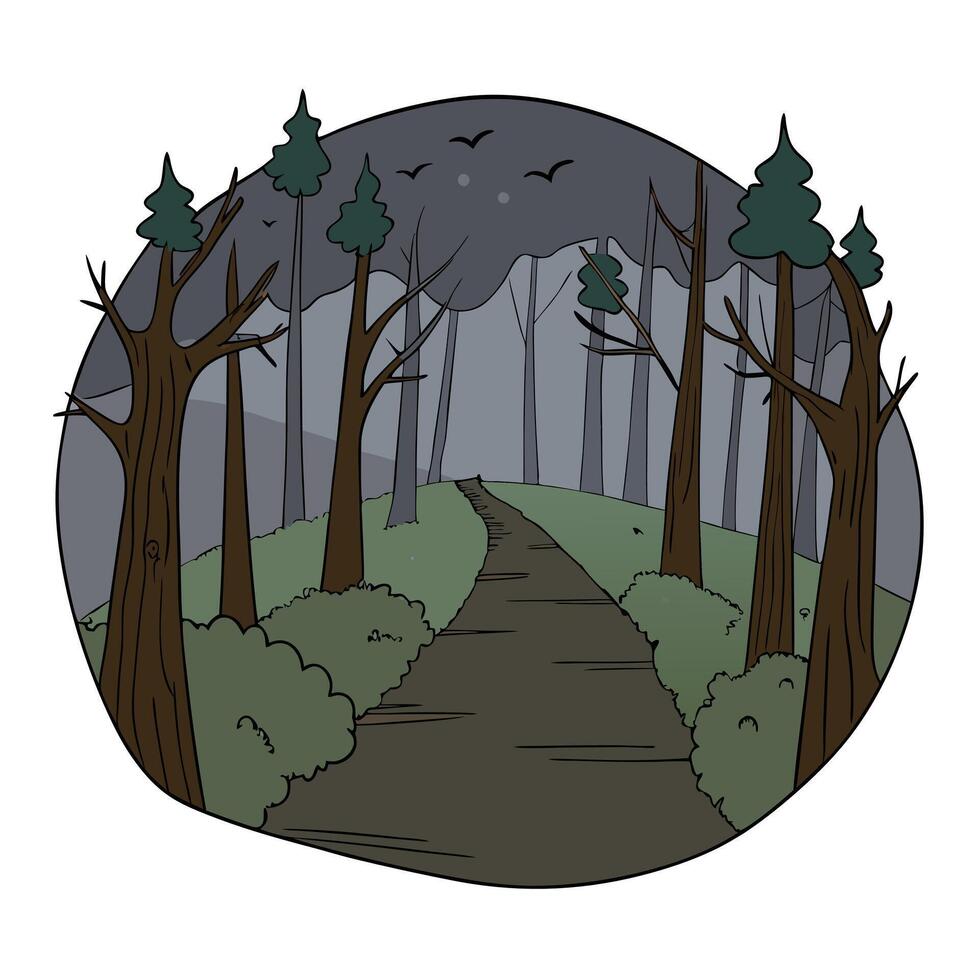 Path through an eerie and gloomy forest. vector