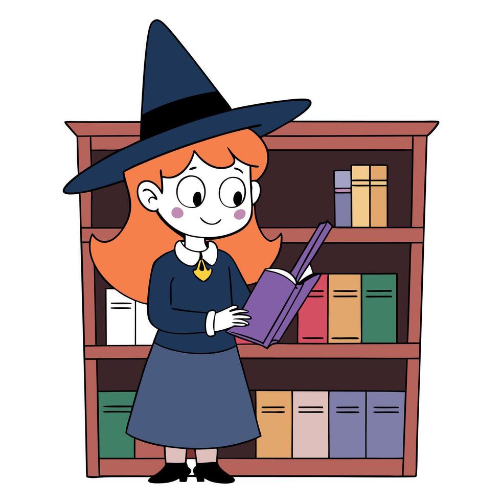 Illustration of witch girl doing a magic spell with book in the library vector