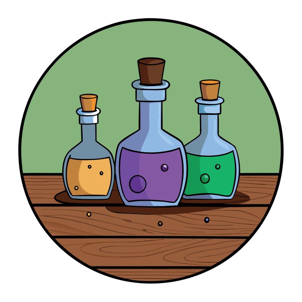Magic potions in bottles on wooden background vector