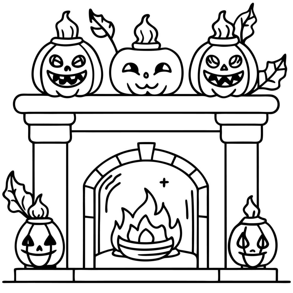 Ancient gothic fireplace of scary laughing pumpkins and old skulls. Halloween. witchcraft and magic vector