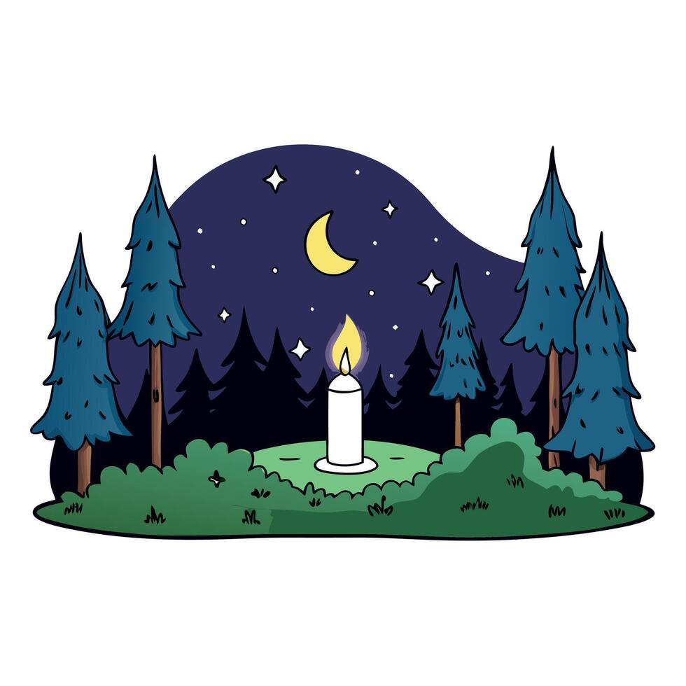 Fabulous night forest scene with magic candle mysterious theme vector