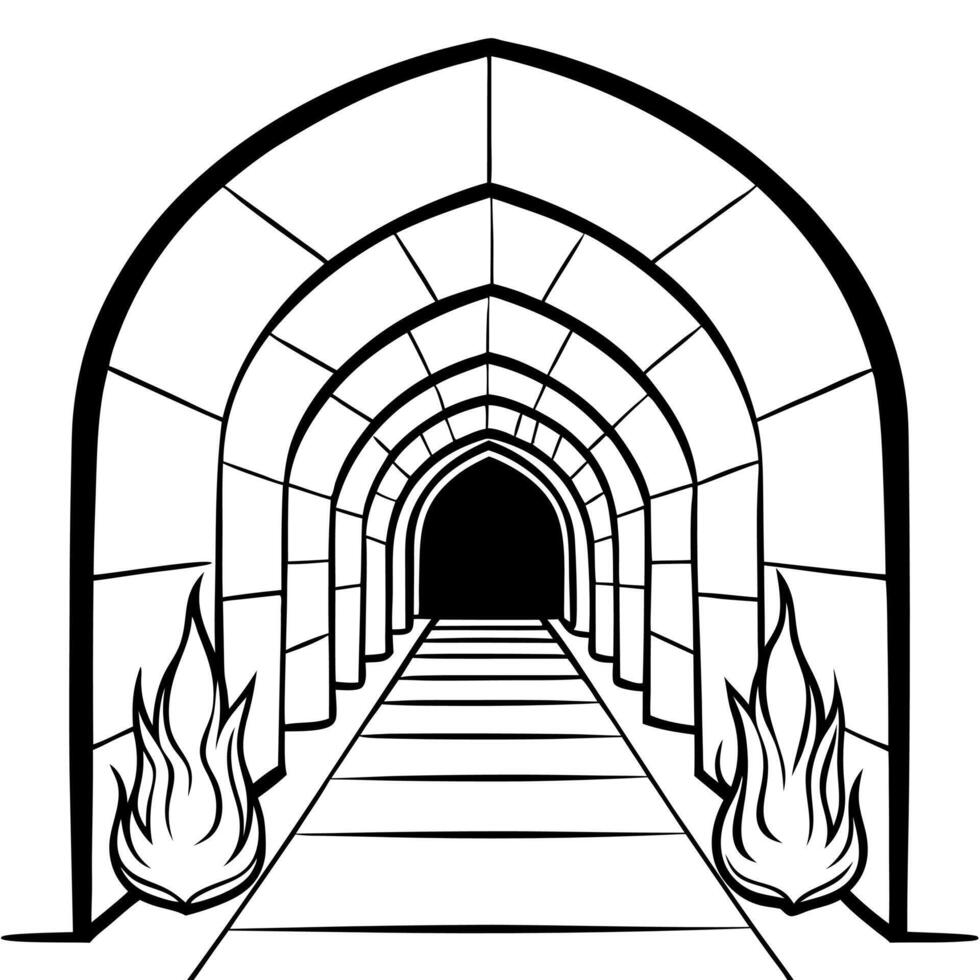 Magical dark corridor with fire and occult walls background. Demonic 3d tunnel in ancient dungeon with lines of burning fires and mystical light from ceiling vector