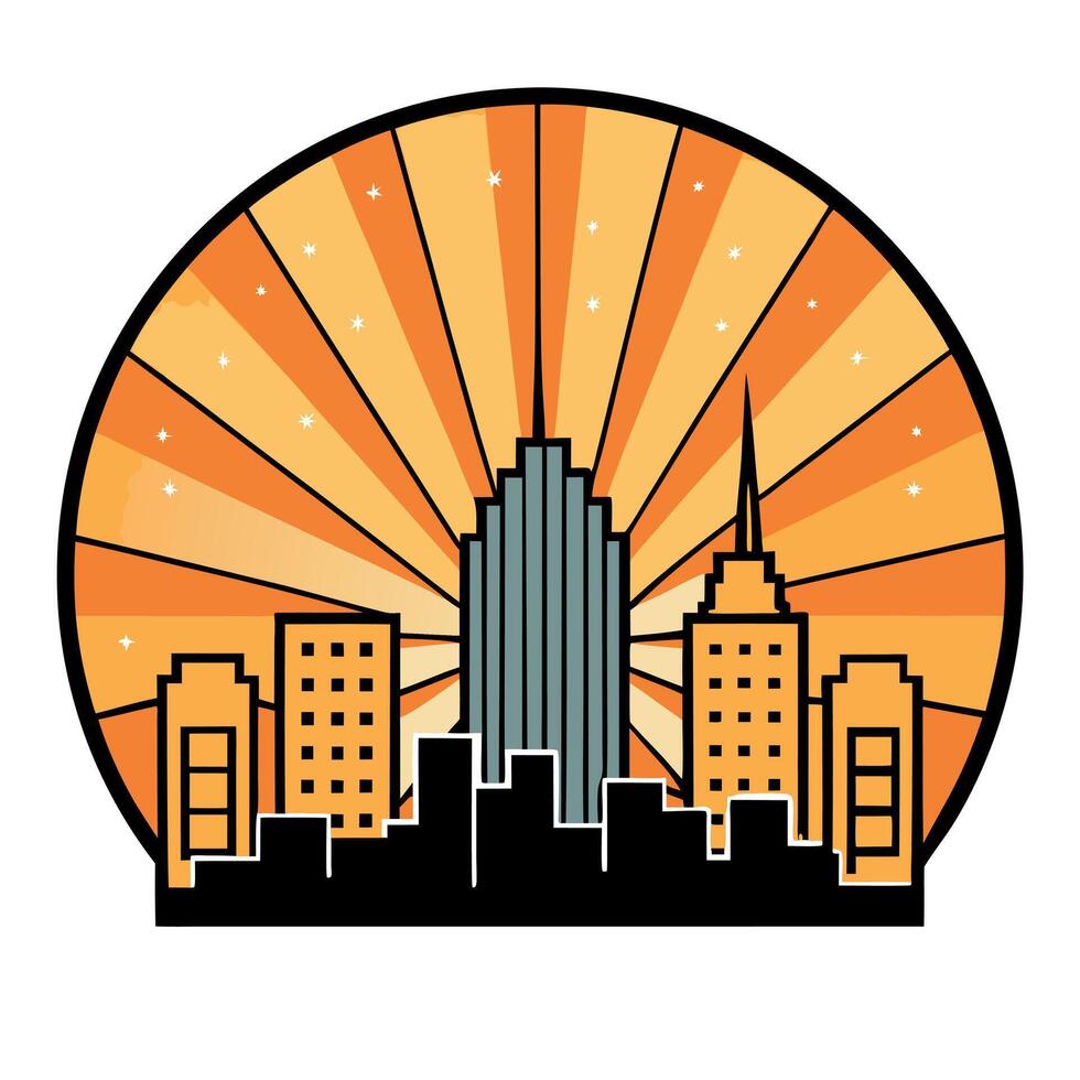 Downtown cityscape with orange yellow sun ray sun burst comic halftone retro design. Summer design. Dark night halloween theme vector