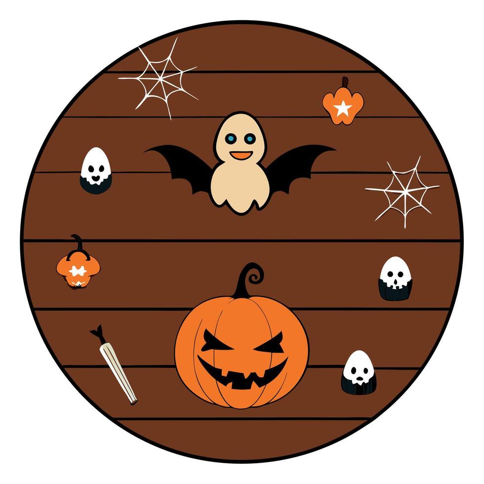 Happy Halloween holiday concept. Halloween decorations on dark wooden background. Flat lay. top view. vector