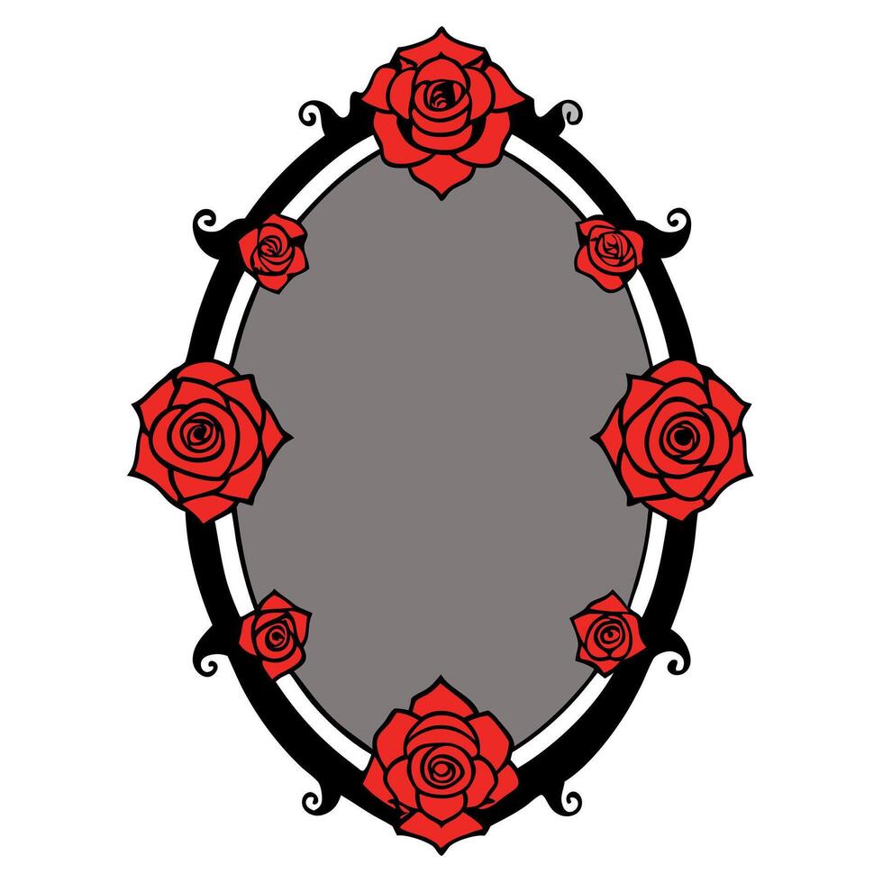 Oval Gothic Frame Embellished with Red Roses for Halloween. vector