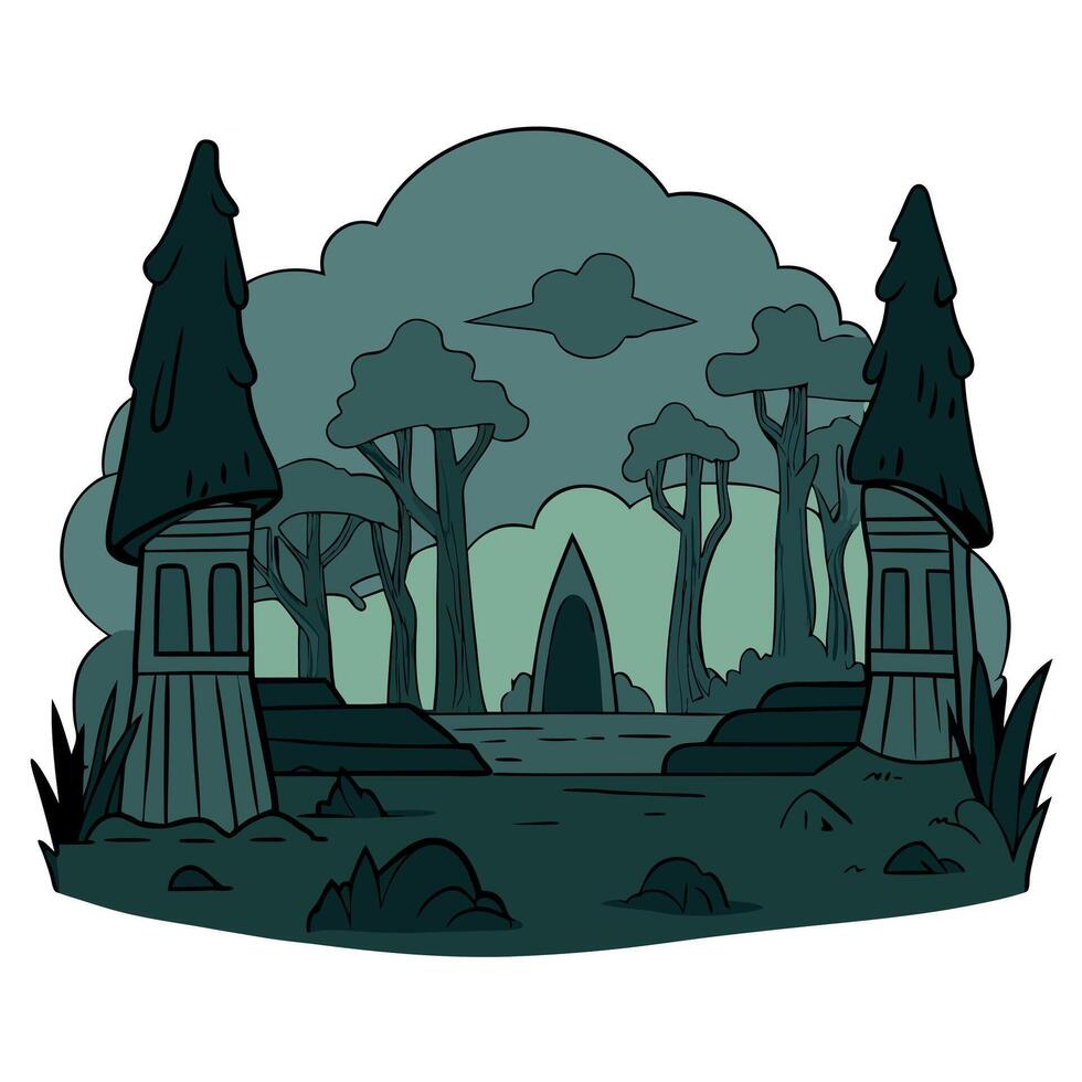 Forest full of darkness with mysterious ancient ruins in the fog vector
