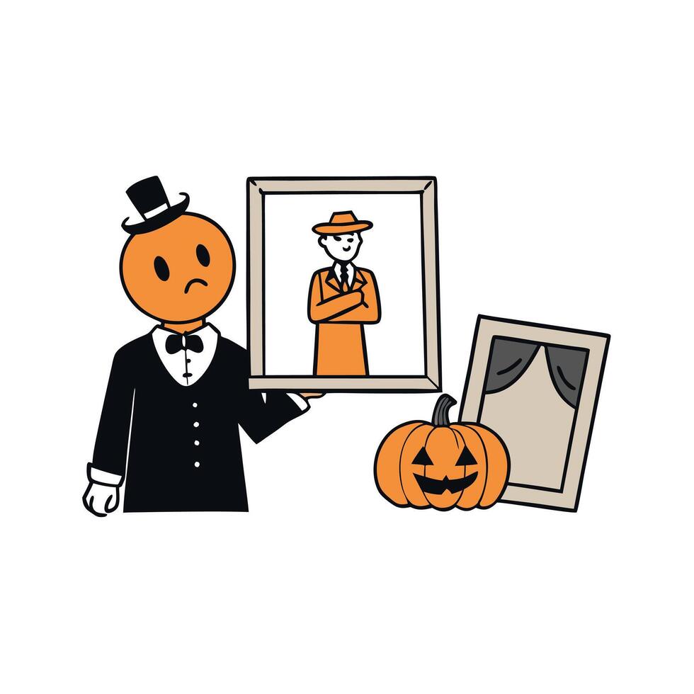 Mysterious Pumpkin Enigma. Vintage Photograph Reveals a Man with a Pumpkin Head. Unearthing Curiosities of the Past vector