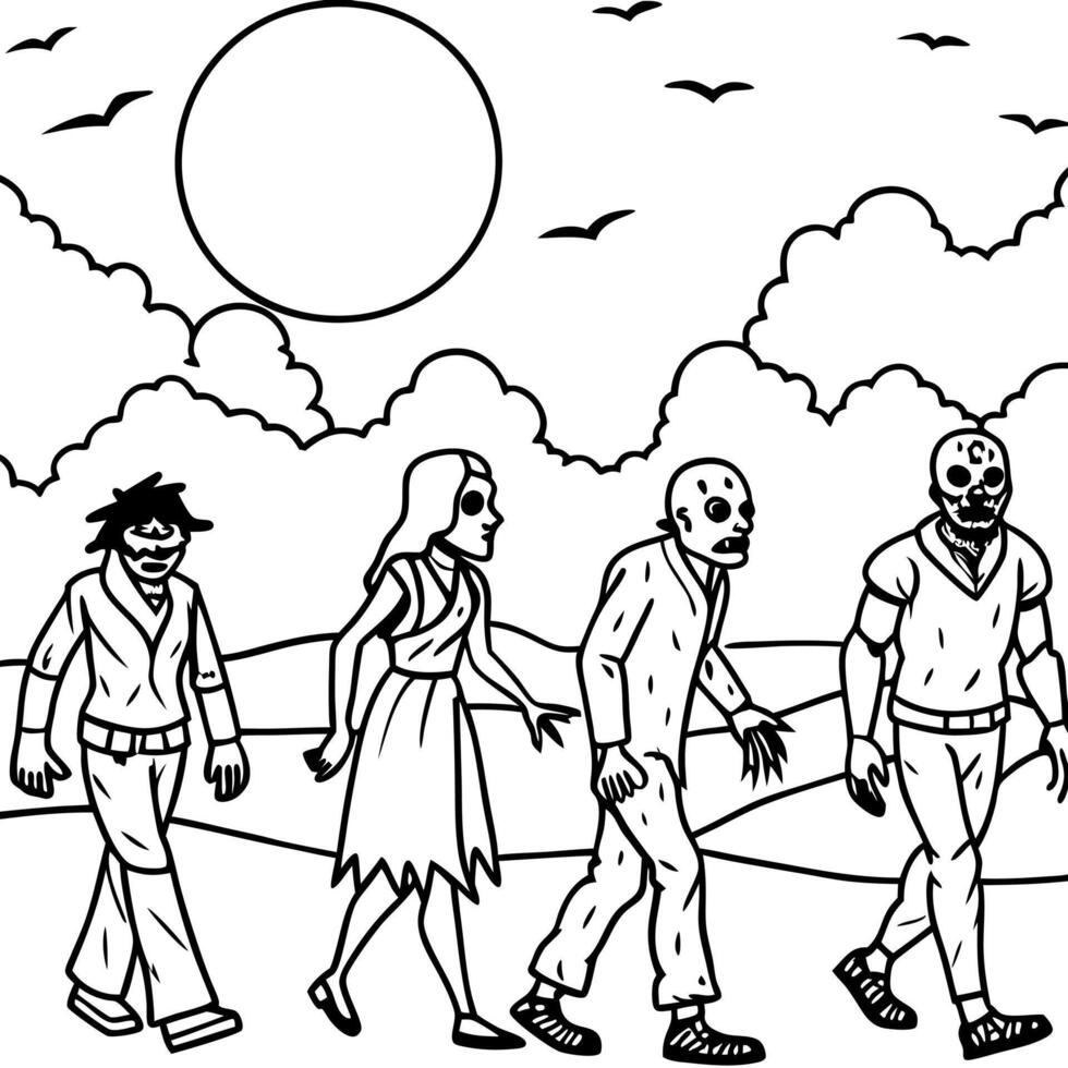 Apocalypse fantasy scene with group of zombie walking. Halloween concept background vector