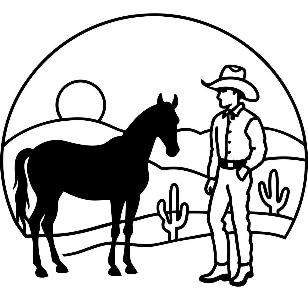 Silhouette of a cowboy and a horse at sunset vector