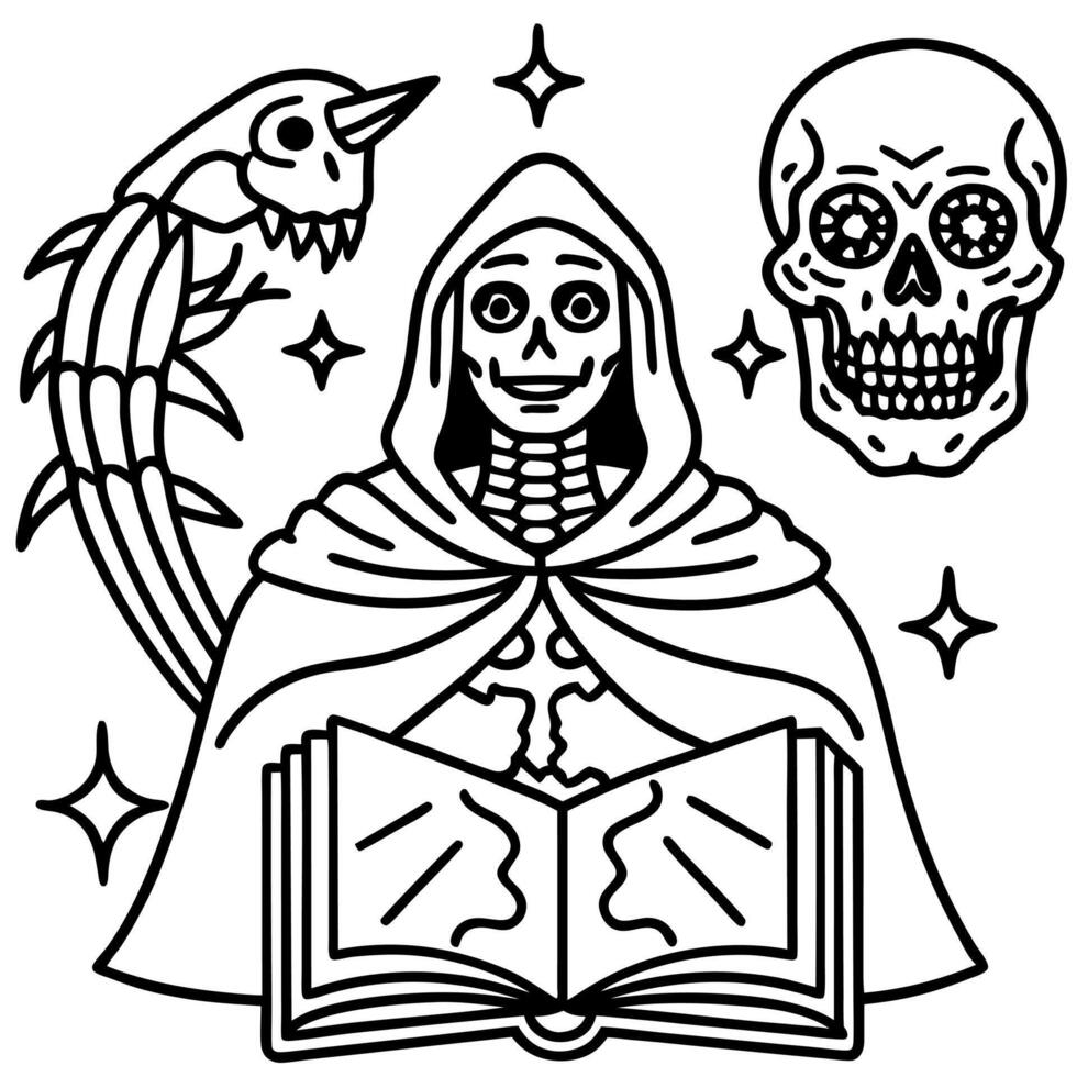 Medieval styled occult art with skeleton and monsters. Ancient icon or old book illustration with mystic religious scene. vector