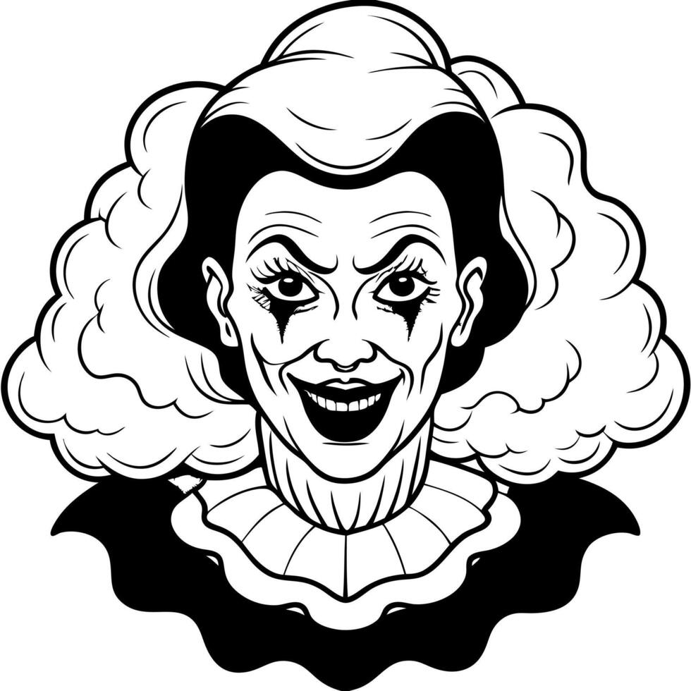 Photography of an ultra realistic Evil woman clown in dramatic ight fog vector