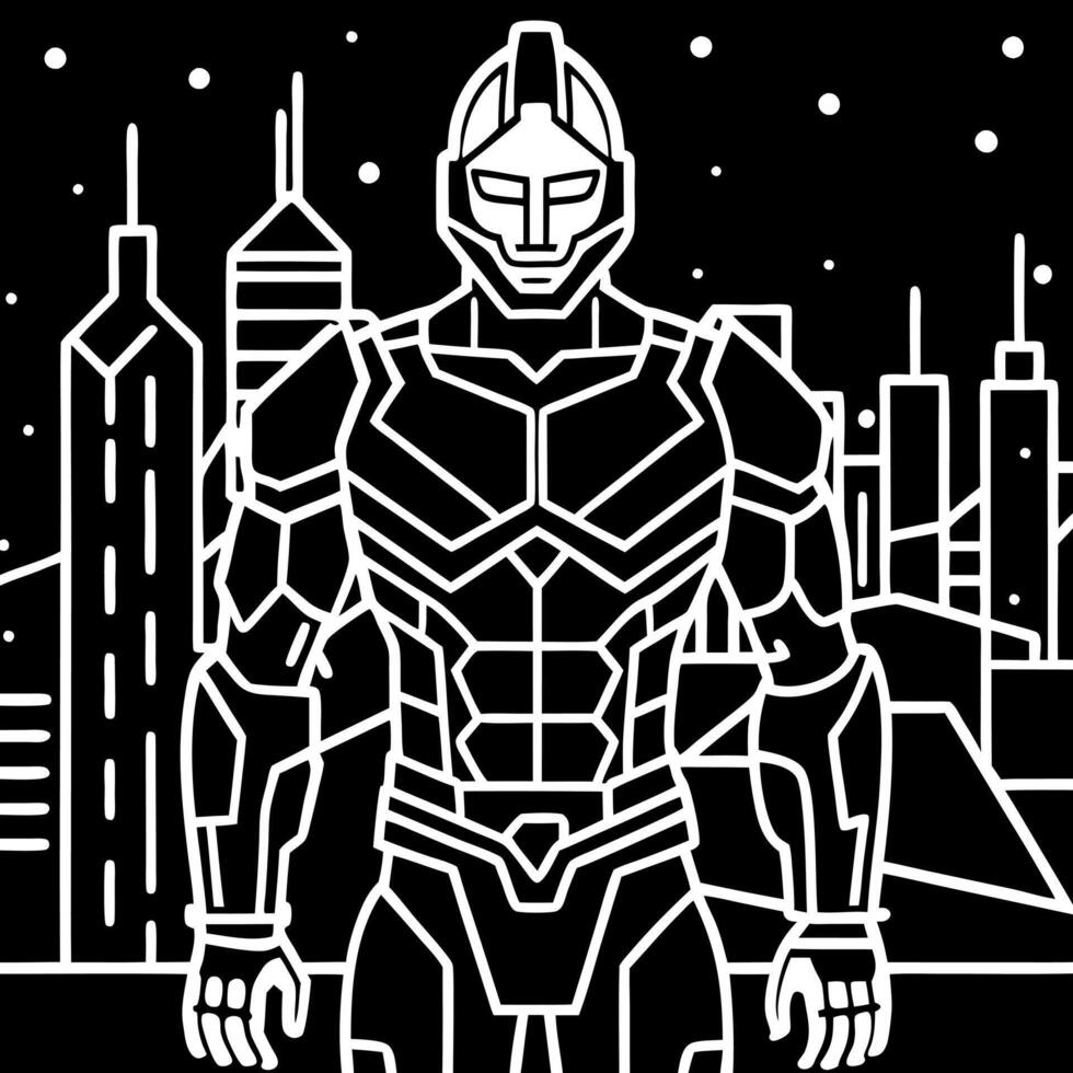 Robot cyberpunk warrior futuristic against the backdrop of the night city of the future. Game. virtual reality. vector