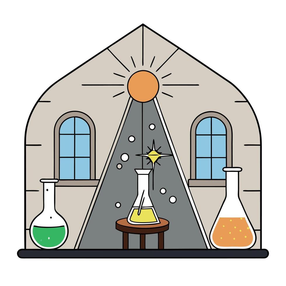 Ancient chemists laboratory with mysterious objects and experiments with atmospheric sunlight shining though dusty windows. illustrator vector