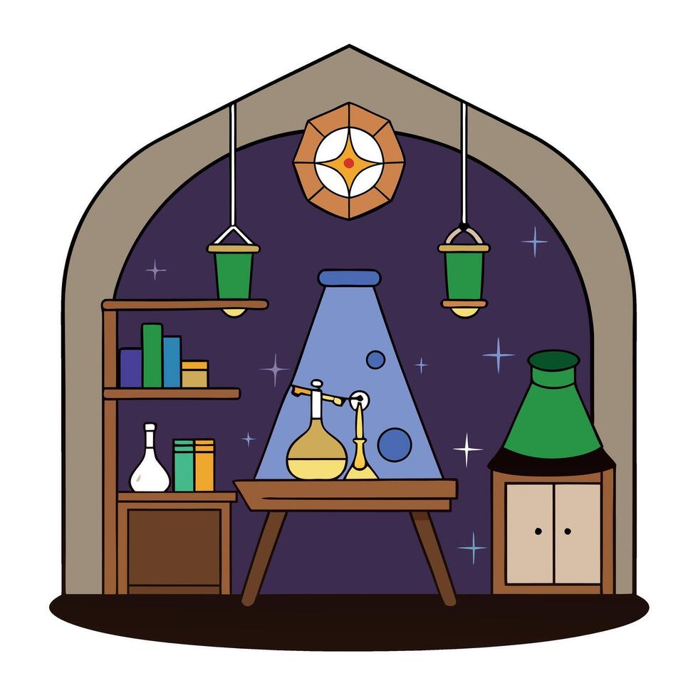 Magic alchemical laboratory wizard room. vector