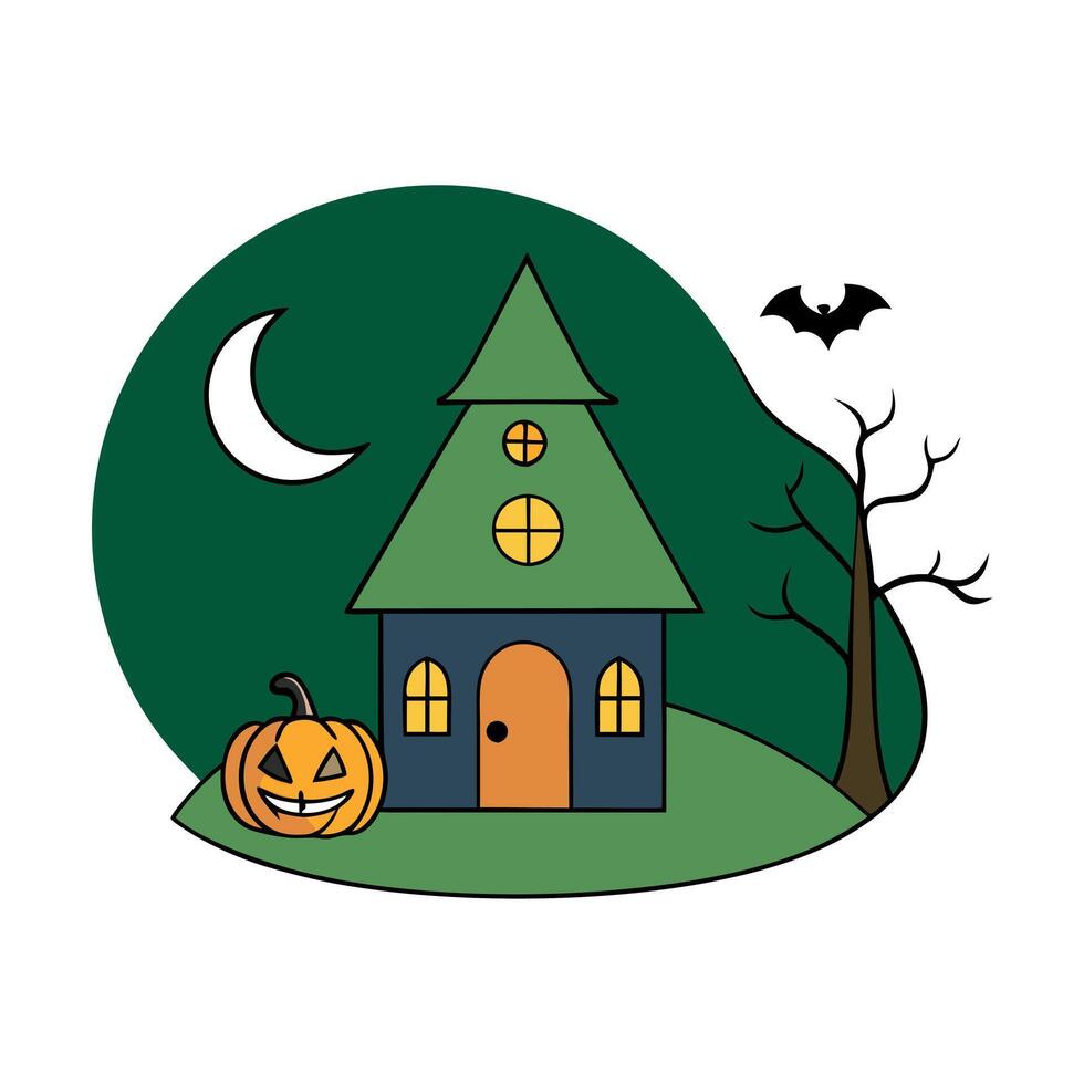 Happy halloween witch house pumpkin tree and moon with happy face on green dark night background. catton illustration. vector