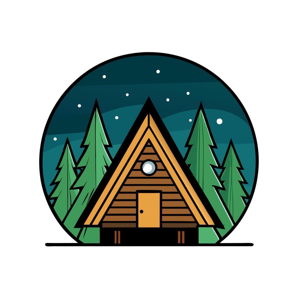 Solitude in the Forest. Forest cabin in the dark woods at night. vector