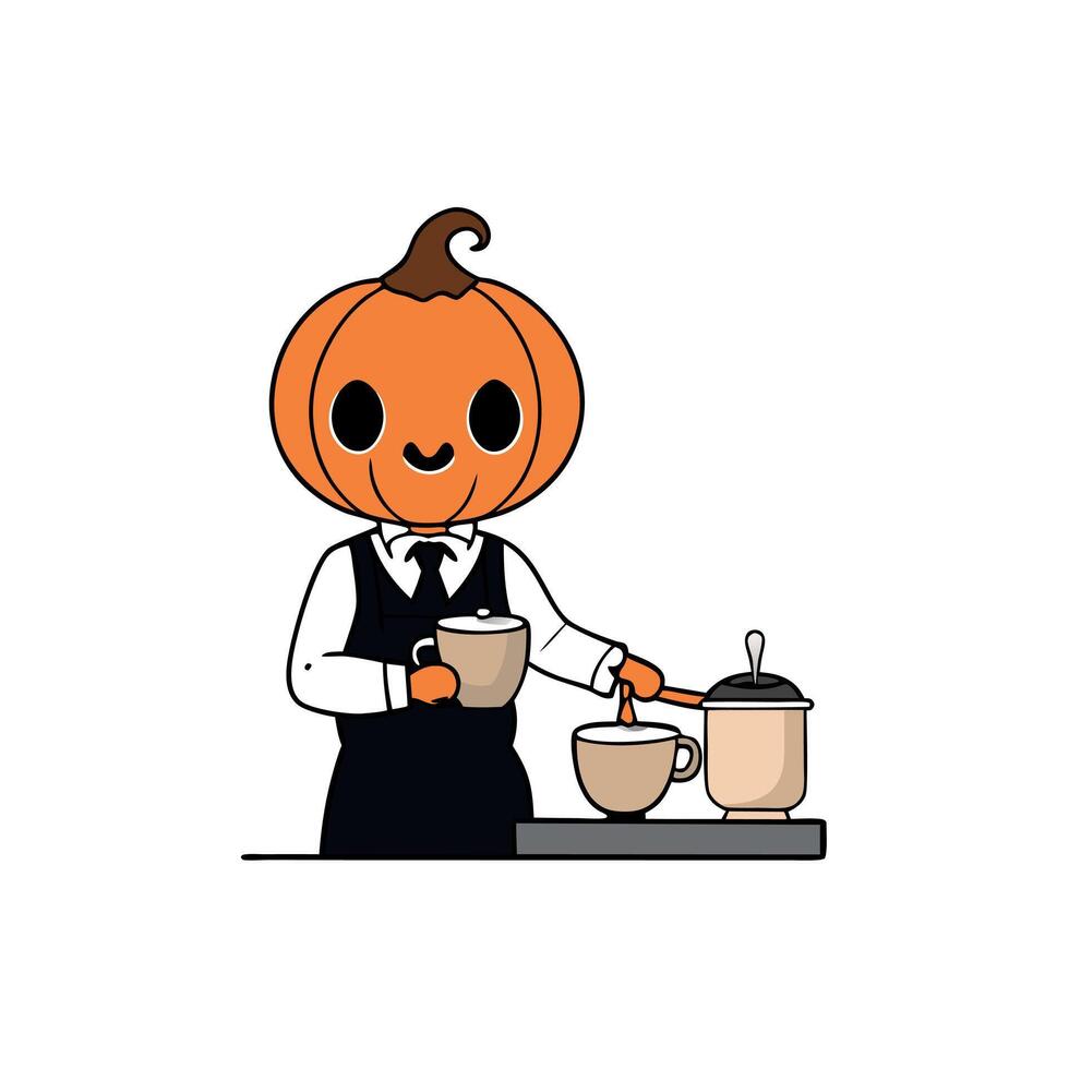 Pumpkin head barista - making pumpkin spice latte drink - black worker serving seasonal halloween coffee autumn cafe beverage vector