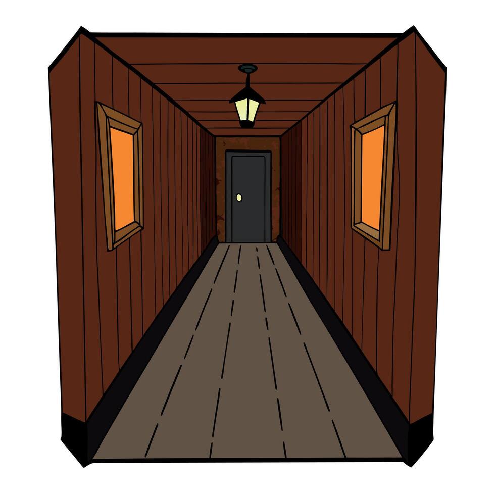 Image of old wood panelled corridor in scary dark interior vector