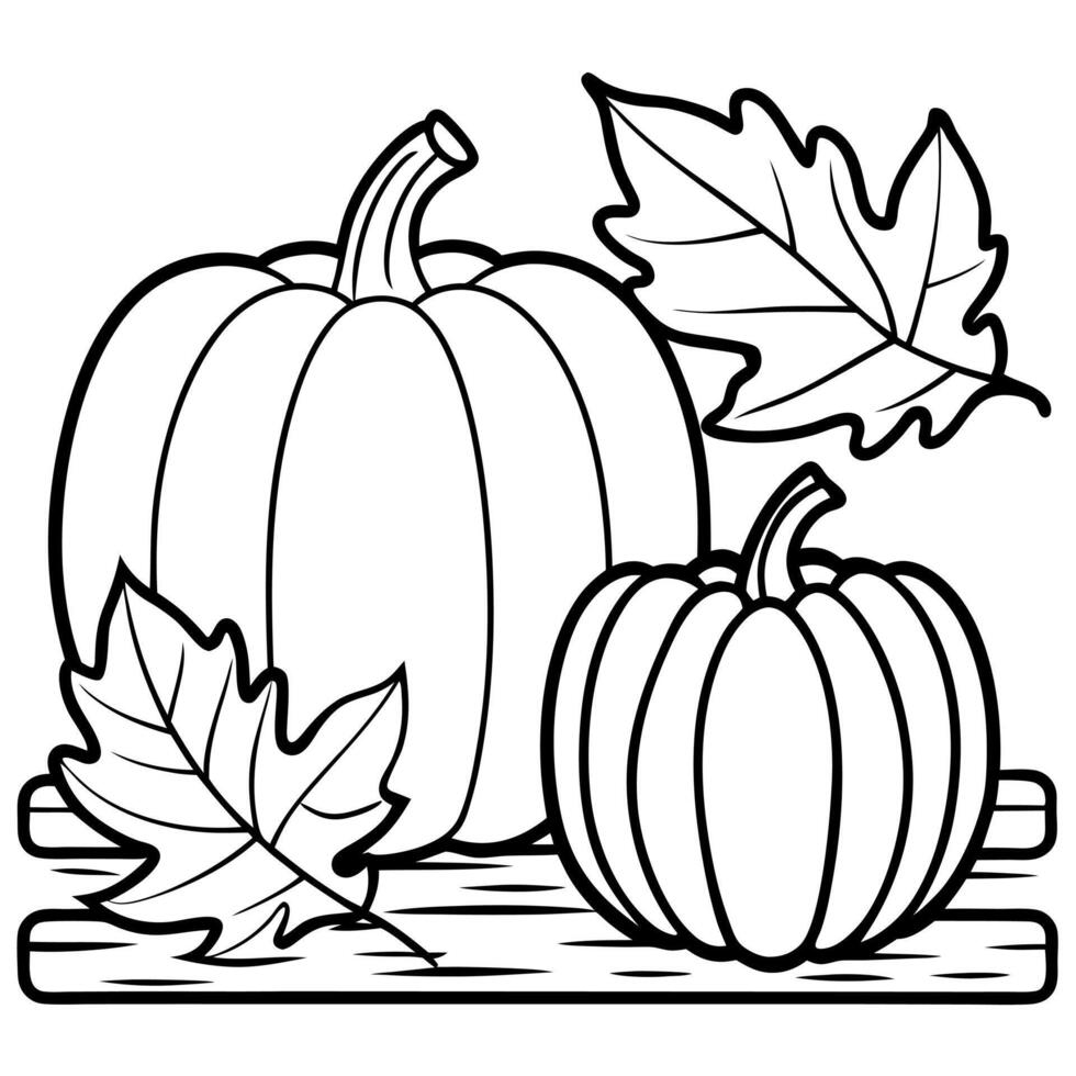 Pumpkins and fallen leaves on wooden background. Copy space for text. Halloween. Thanksgiving day or seasonal autumnal vector