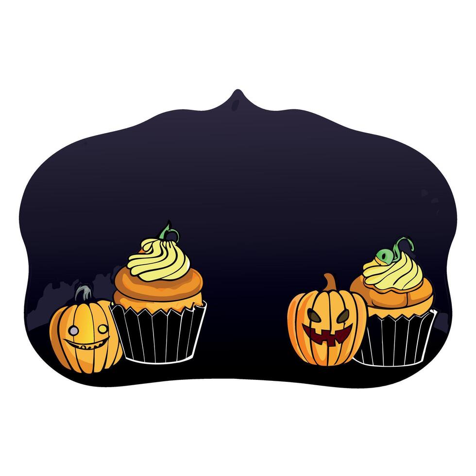 Halloween cupcakes and pumpkins on dark background with empty space for text vector