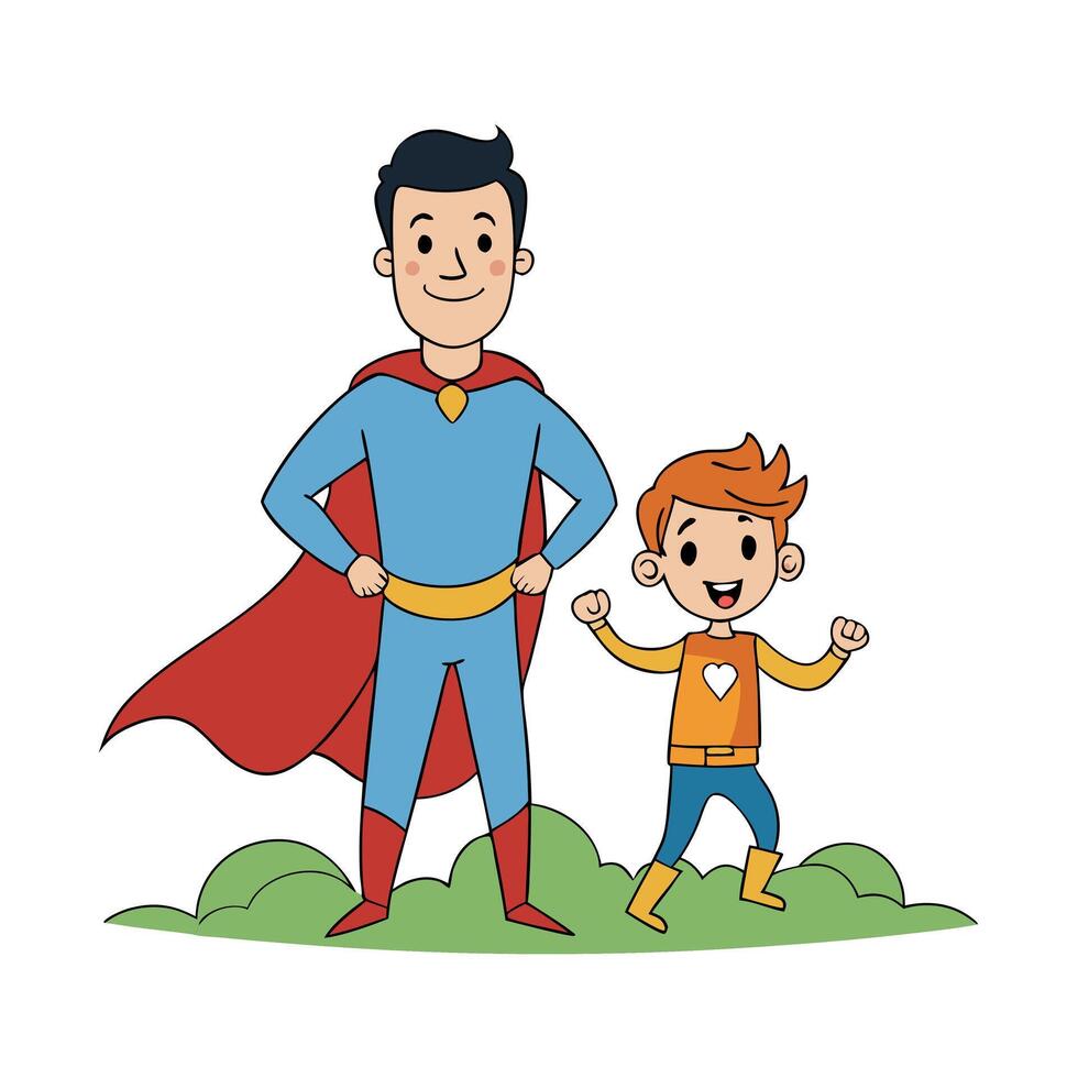 Father and son playing superhero at the day time. People having fun outdoors. Concept of friendly family. vector