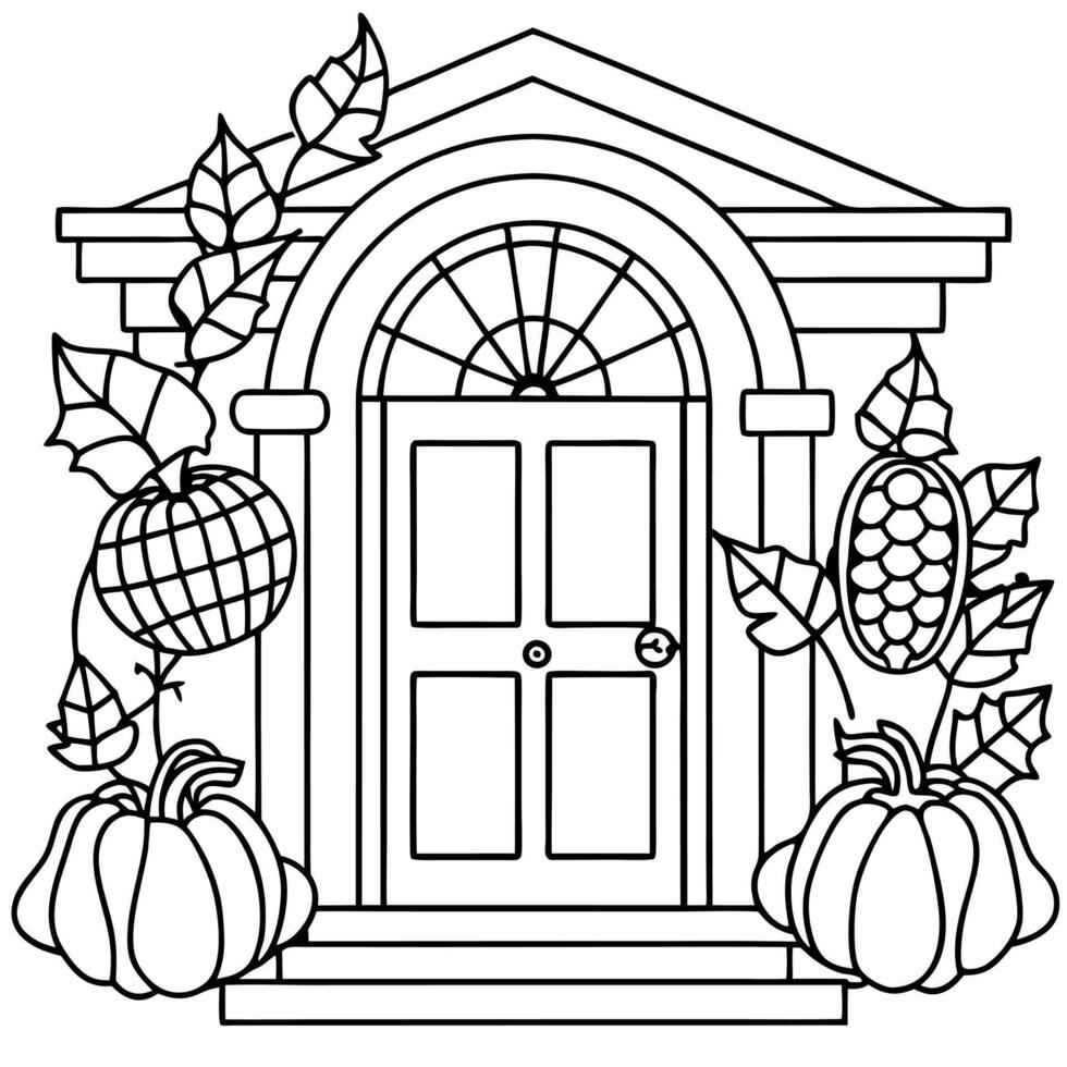 Autumn decorated house entrance with pumpkins and flowers. vector