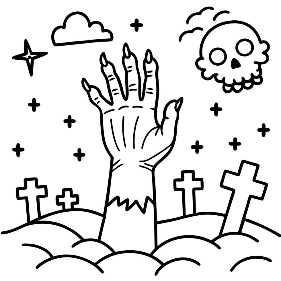 Halloween ambiance. undead hand emerges from earth. Cemetery with crosses. invoking fear and horror. vector