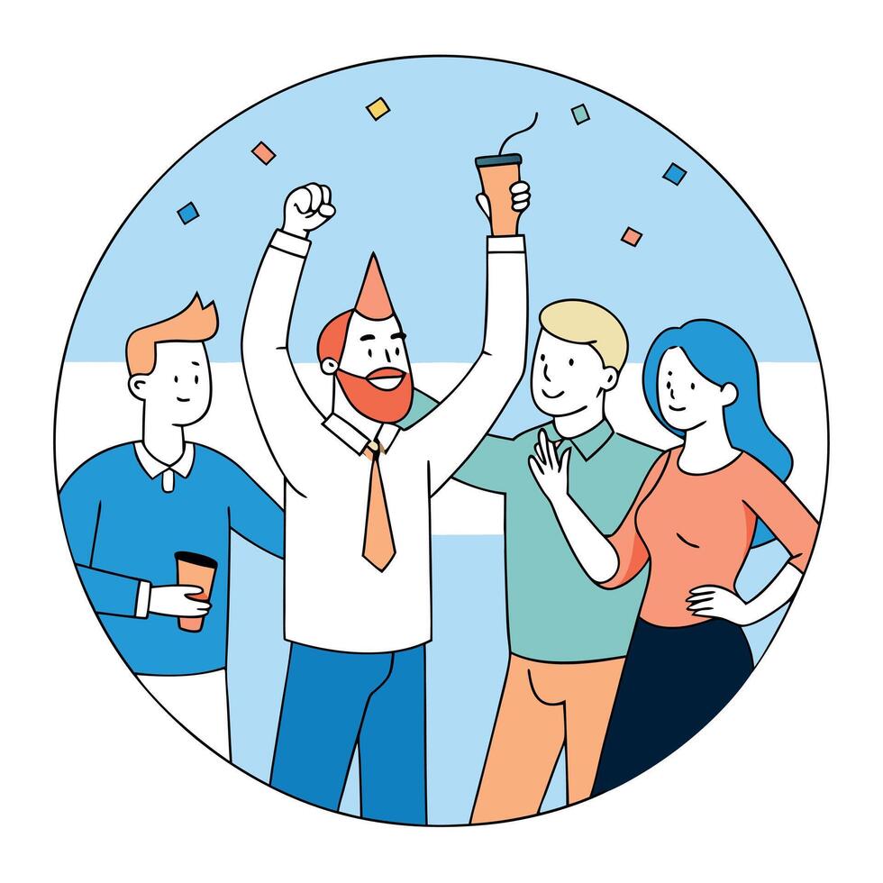 Happy colleagues having a holiday in an office. The concept of a party in a circle of colleagues vector