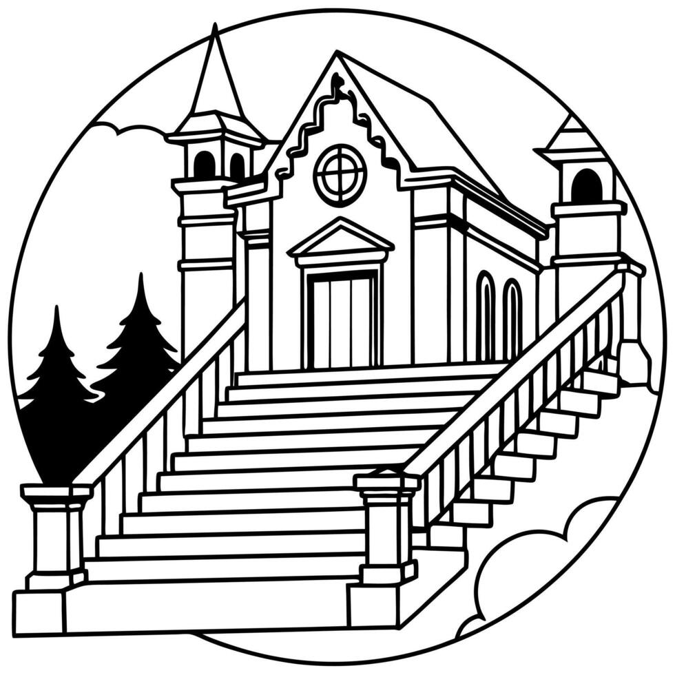 Staircase set against the backdrop of a time-worn and forsaken mansion hall. evoking a chilling atmosphere vector