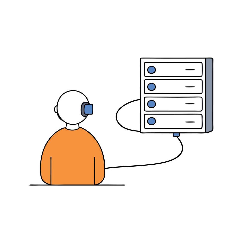 Person looking at a wired internet server from behind. vector