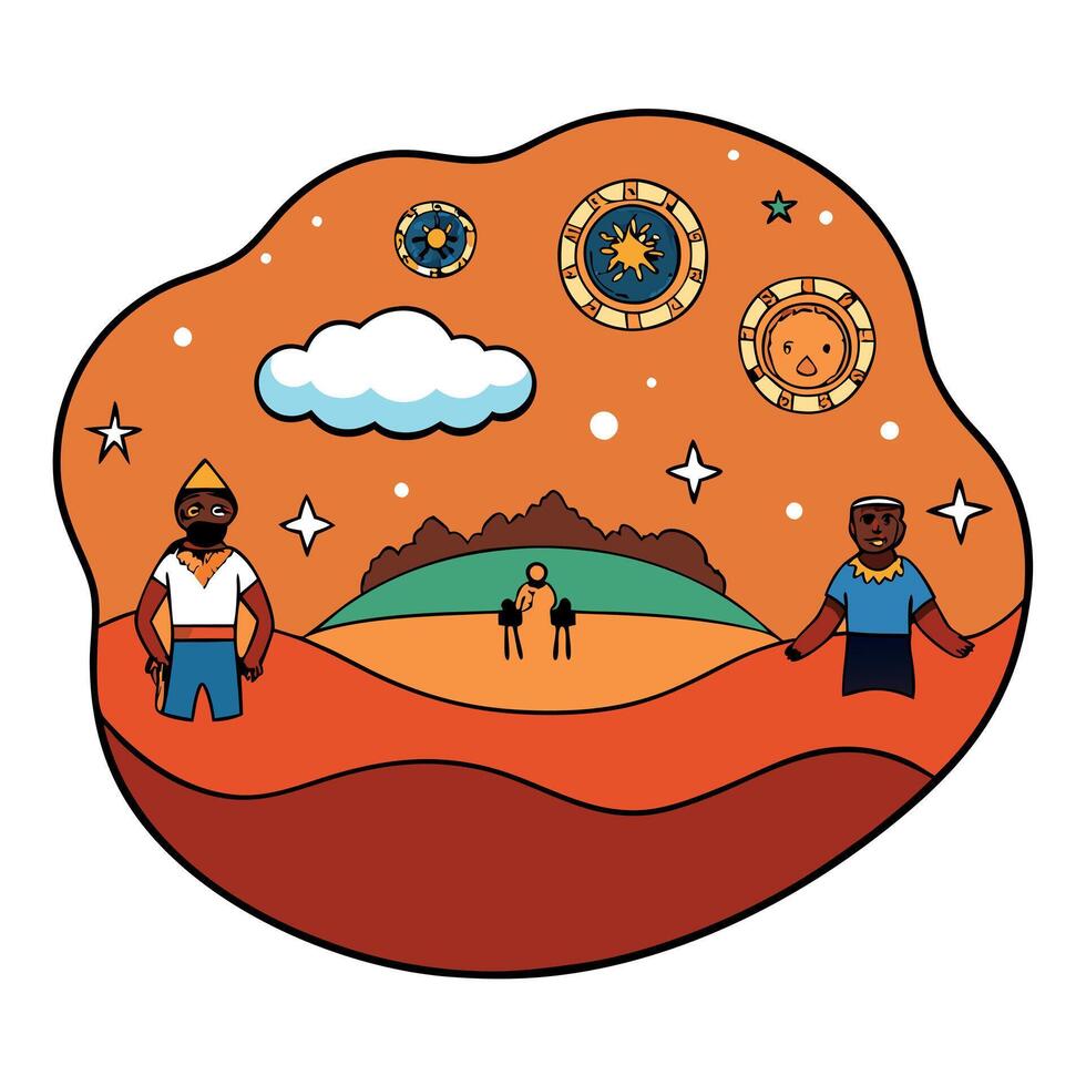 A detailed representation of the sacred Dreamtime paintings of the indigenous Australians. depicting a spiritual tale in vibrant earthy tones vector