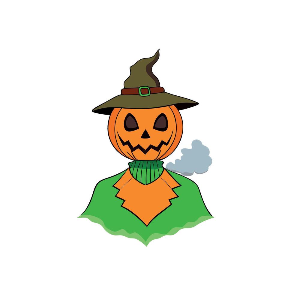Oil painting of a frightening halloween scarecrow jackolantern on the style of classic fantasy illustration. green rim light in the fog vector