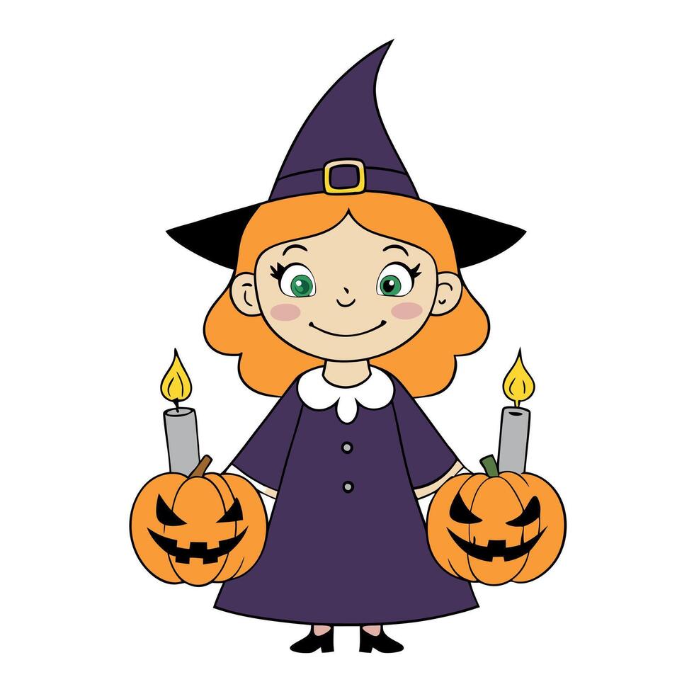 Little cute caucasian happy girl in witch costume with candles in front. fun and amusement expression on face. celebrating halloween pumpkin party on decorated background. vector