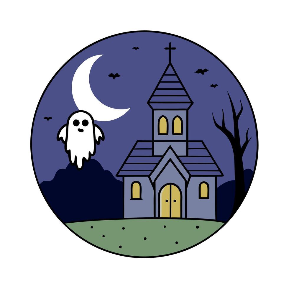 Night scene with creepy church and ghost. Digital art for Halloween. vector