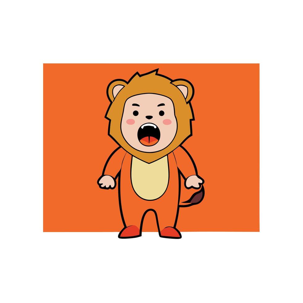 Little King of the Jungle. Adorable Toddler in Lion Costume Roars on an Orange Background with copy space vector
