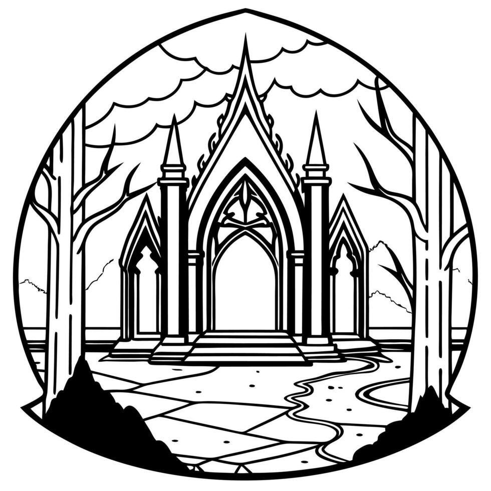 Gothic ruined black interior and landscape in the style of gloomy fantasy vector